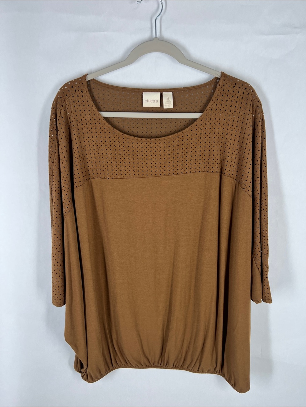 Chico's‎ Caramel Brown Eyelet-Yoke Scoop Neck Top